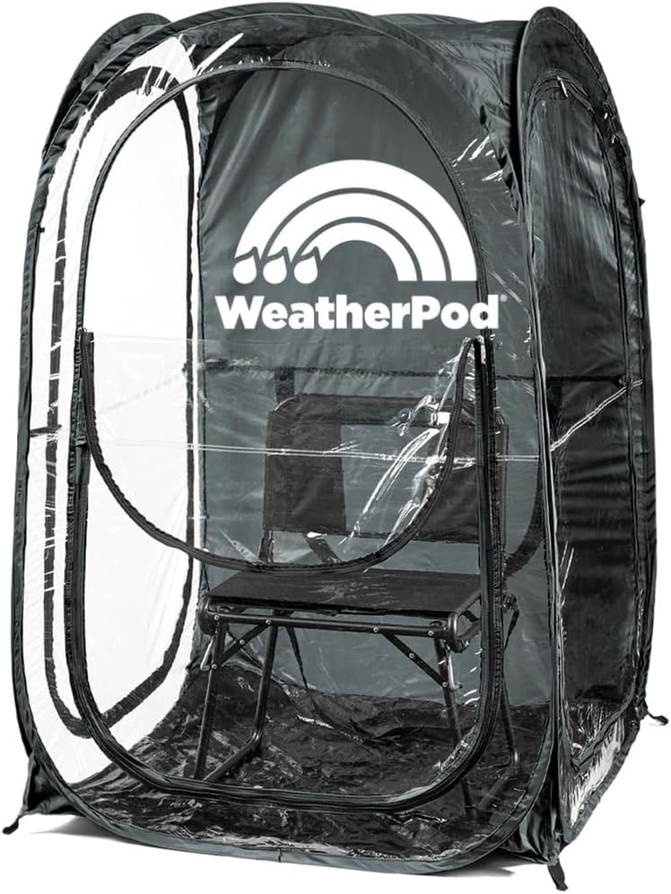 WeatherPod portable outdoor shelter providing protection from rain and wind in a natural setting